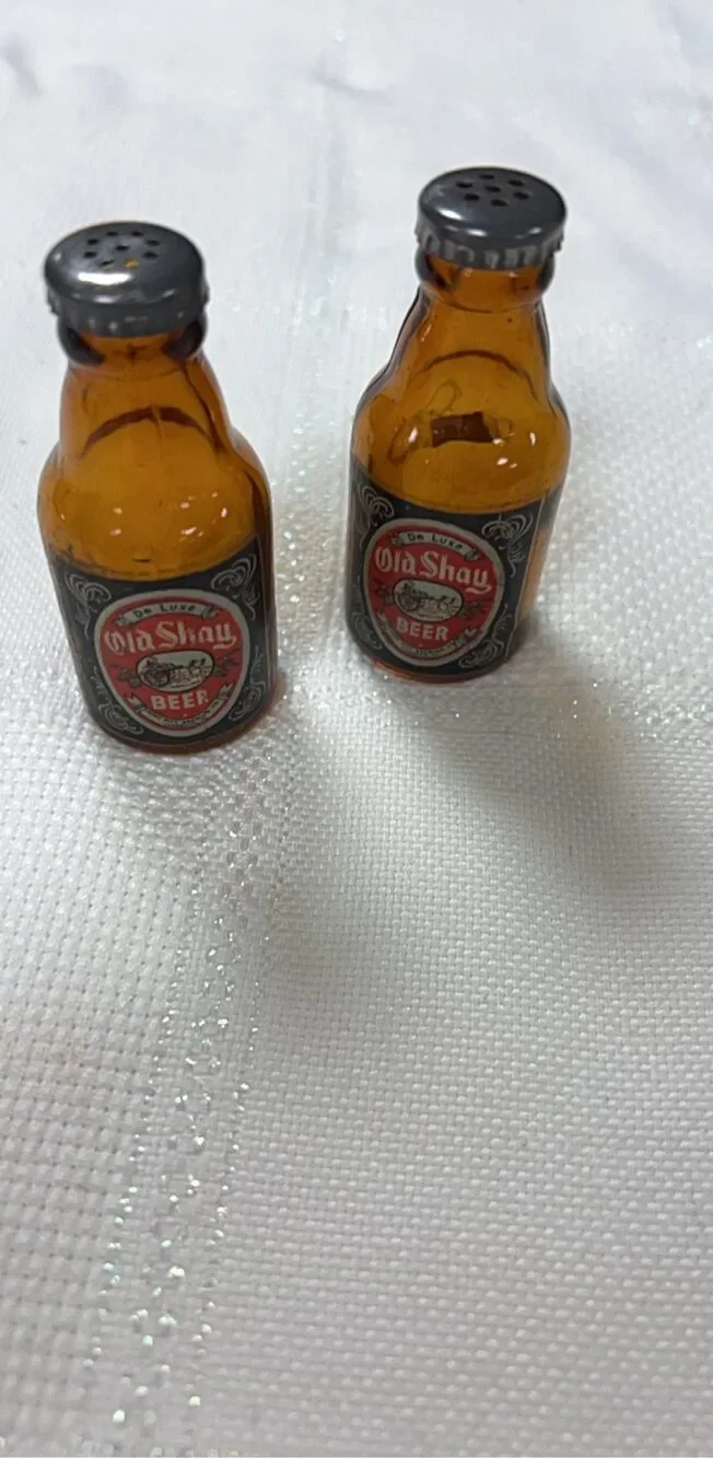 Old Shay Amber Glass Beer Bottle Salt & Pepper Shakers